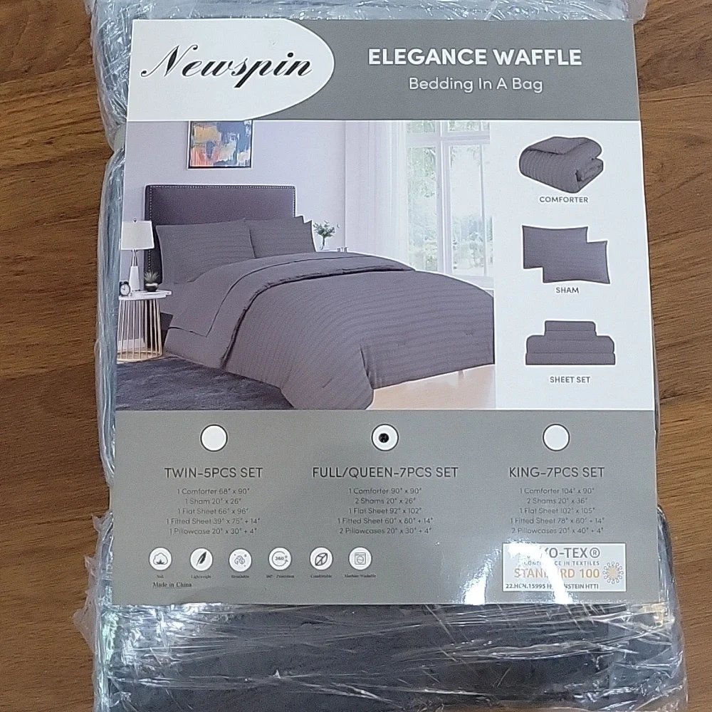 Newspin Dark Gray Waffle Comforter set Queen 7pc bed in bag All Season NEW …